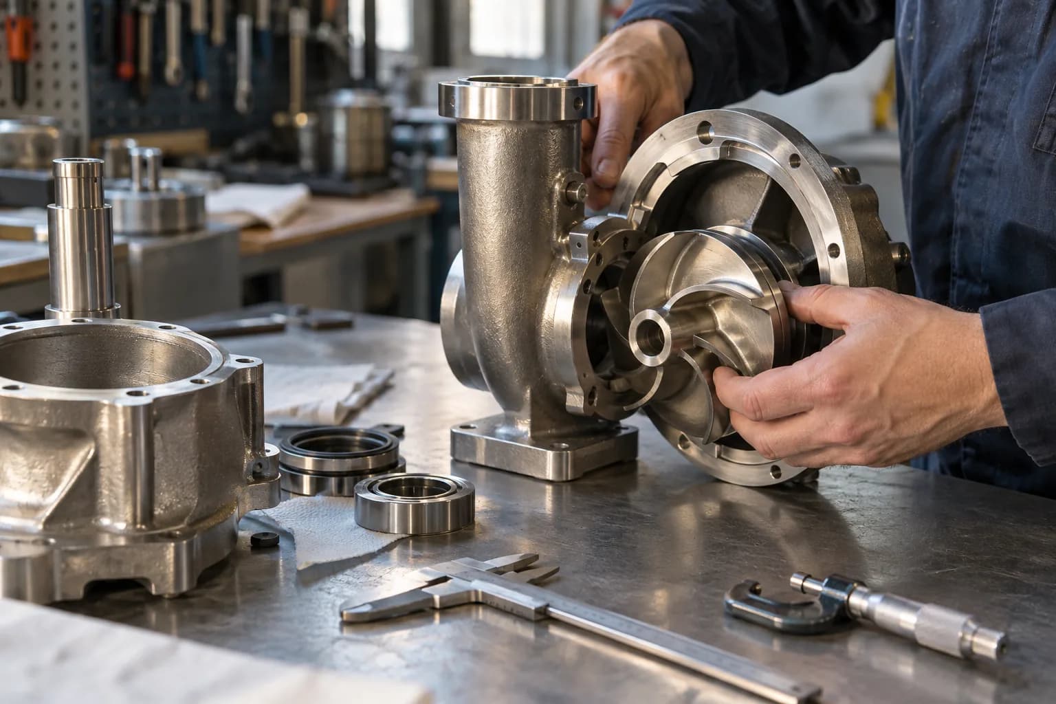 Precision assembly of a metallic pump component at a workbench